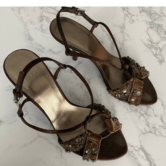 ZARA Brown Rhinestone Studded Strappy Sandals - Picture 2 of 11